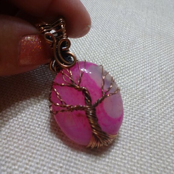 Rustic PINK BOTSWANA AGATE Handmade COPPER WIRE-WRAPPED TREE Pendant/Chain 349C - Picture 3 of 3